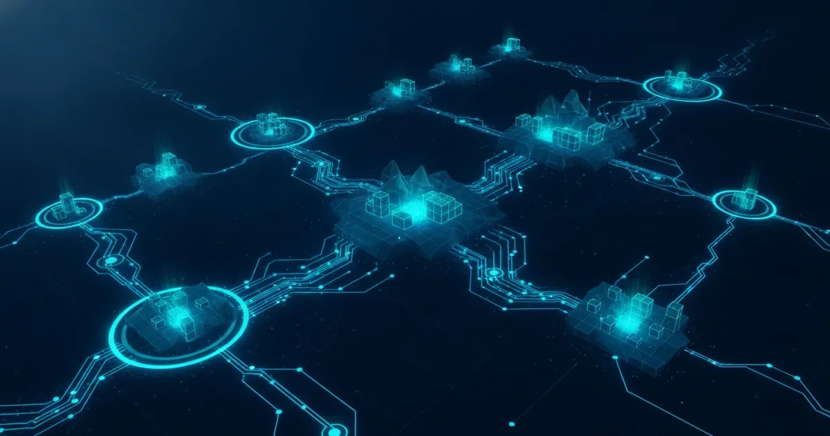 Vernetzte digitale Datenknoten und Verbindungslinien symbolisieren die Integration getrennter Softwaresysteme