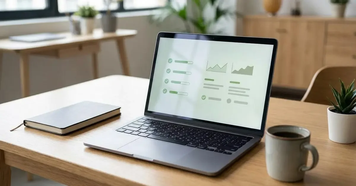 Schreibtisch mit Laptop, auf dem Bildschirm ein Wartungs-Dashboard mit Statusanzeigen und Diagrammen zu laufender Software
