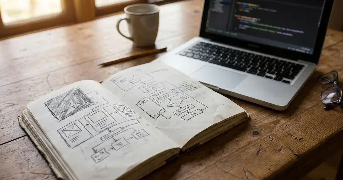 Ordner mit Aktenordnern und aufgeschlagenem Notizbuch neben einem Laptop als Sinnbild für Softwaredokumentation