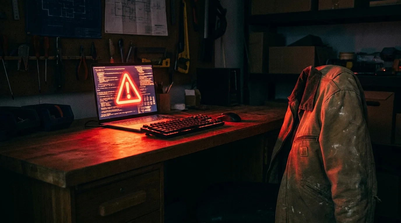 Laptop mit rotem Warnzeichen und Code auf einer dunklen Werkbank in einer Handwerkswerkstatt