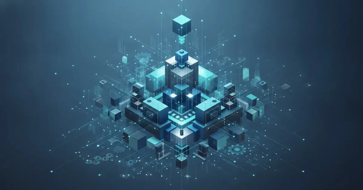 Abstrakte Softwarebausteine und Blueprint-Skizzen auf einem Schreibtisch als Sinnbild für individuelle Softwarearchitektur