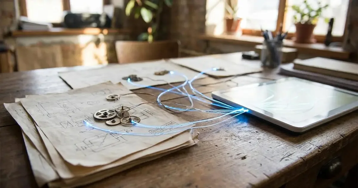 Stilisierte Vektor-Grafik eines automatisierten Workflows mit vernetzten Symbolen für Dokumente, Zahnräder und Datenfluss