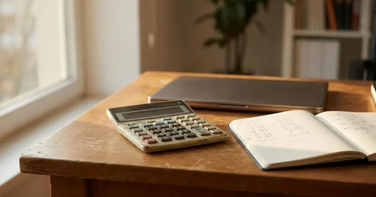 Taschenrechner, Notizblock mit Kostenaufstellung und Laptop auf einem Schreibtisch als Symbol für Projektkalkulation