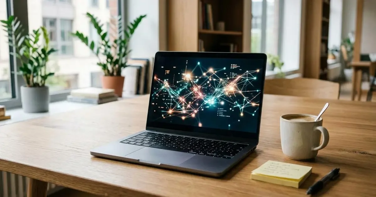 Laptop mit abstrakten, leuchtenden KI-Netzwerkgrafiken auf dem Bildschirm in einem hellen Büro